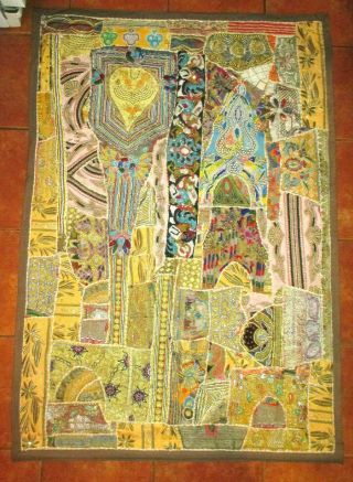 Vintage Asian India Patchwork Gustav Klimt Style Embroidered Tapestry 40 " X 60 "