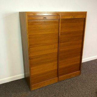 Mid Century Danish Teak Tambour Door Flat Hanging File Double Cabinet W/ Lock