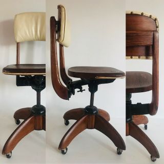 Vintage Wood Office Chair Swivel Desk Industrial Wooden Banker Lawyer Sikes Oak