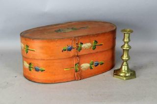 RARE ORANGE PAINTED PA GERMAN 19TH C FOLK ART OVAL BRIDES BOX FLORAL DECORATION 2