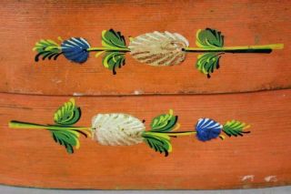 RARE ORANGE PAINTED PA GERMAN 19TH C FOLK ART OVAL BRIDES BOX FLORAL DECORATION 6