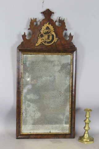 Rare Late 17th C William & Mary Mirror Walnut Veneer Great Crest Mirror