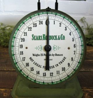 Vintage Green Sears Roebuck & Co Kitchen Scale 25 pound with Pan / Tray 6