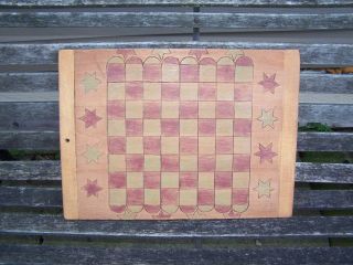 Primitive Folk Art Wood Painted Game Board Checker Chess Americana Stars & Moon