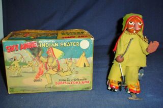 Vintage Linemar Tin Toy Shy Anne Mechanical Indian Skater W/original Box