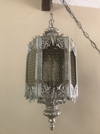 Vtg Hollywood Regency Filigree Swag Hanging Chandelier Light Fixture Gold /brass