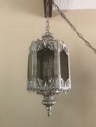 VTG Hollywood Regency Filigree Swag Hanging Chandelier Light Fixture Gold /Brass 3
