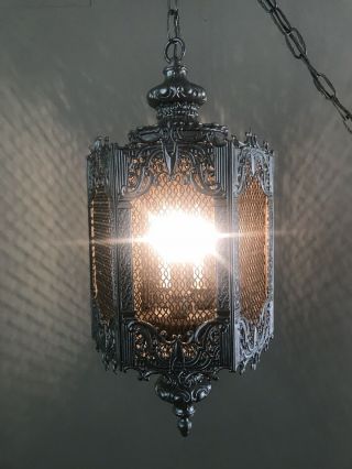 VTG Hollywood Regency Filigree Swag Hanging Chandelier Light Fixture Gold /Brass 4