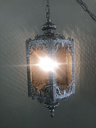 VTG Hollywood Regency Filigree Swag Hanging Chandelier Light Fixture Gold /Brass 6