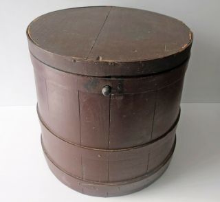 Antique Brown Painted Wood Firkin with Cover 14” 2