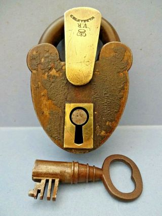 Victorian Steel & Brass Wide Barrel Tumbler Padlock With Key.  C 1880.