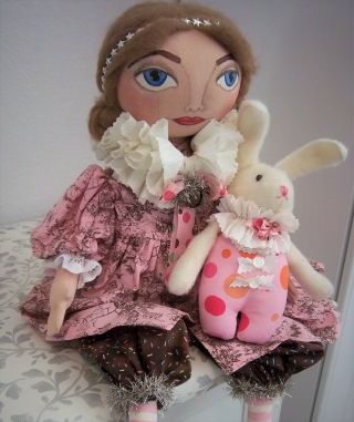 Primitive Folk Art Pink Spring Doll And Bunny Handmade In America