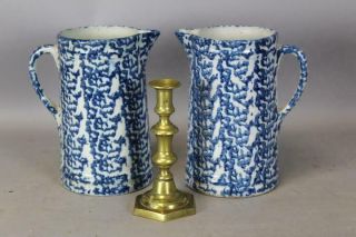 A Matched Pair 19th C Blue Spatterware Or Spongeware Pitchers Great Dark Blues