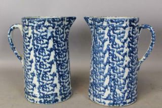 A MATCHED PAIR 19TH C BLUE SPATTERWARE OR SPONGEWARE PITCHERS GREAT DARK BLUES 2