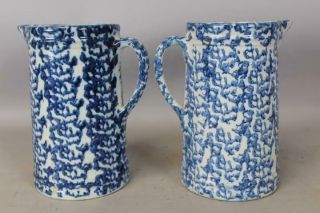 A MATCHED PAIR 19TH C BLUE SPATTERWARE OR SPONGEWARE PITCHERS GREAT DARK BLUES 4