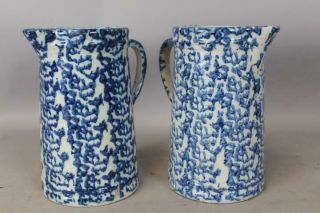 A MATCHED PAIR 19TH C BLUE SPATTERWARE OR SPONGEWARE PITCHERS GREAT DARK BLUES 5