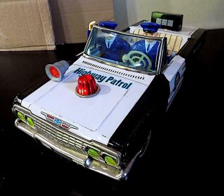 Vintage Tinplate Battery Operated Police Convertible Car,  Daiya,  Japan,  EXiB 7