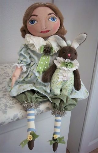 Primitive Folk Art Green Easter Spring Doll And Bunny Handmade In America