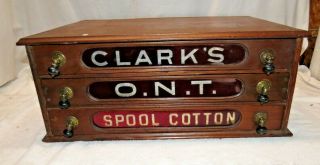 Antique 1800s Clark ' s O.  N.  T.  Spool Cotton Table Top Red Glass 3 Drawer Cabinet 2