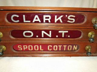 Antique 1800s Clark ' s O.  N.  T.  Spool Cotton Table Top Red Glass 3 Drawer Cabinet 3