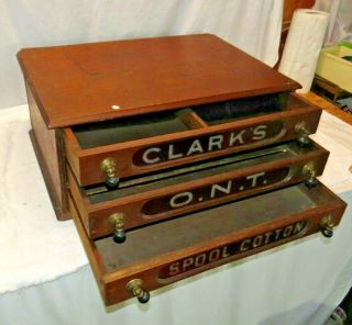 Antique 1800s Clark ' s O.  N.  T.  Spool Cotton Table Top Red Glass 3 Drawer Cabinet 5