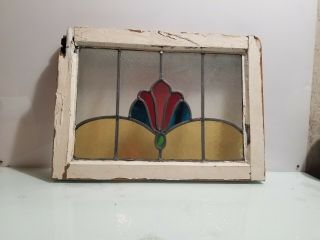 Antique Leaded Stained Glass Window With Wood Frame,  Salvaged