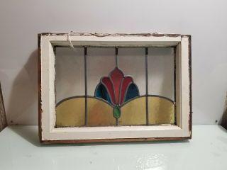 ANTIQUE LEADED STAINED GLASS WINDOW with WOOD FRAME,  SALVAGED 2