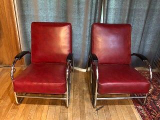 Royalchrome Chairs In Red Vinyl.  Art Deco.  Mid - Century Modern.