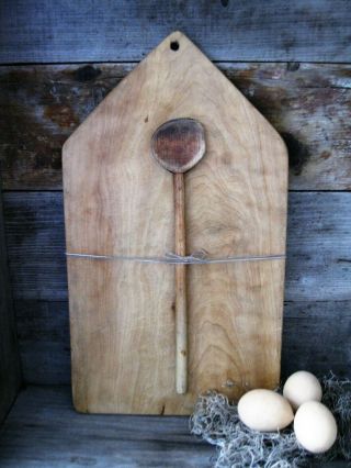 Antique Wood Bread Board Surface With Early Handmade Spoon