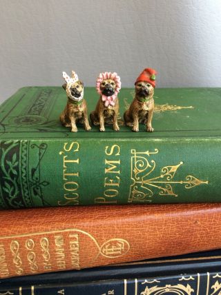 Trio Vintage Cold Painted Vienna Bronze Hatted Pug Dog Miniature 1 1/8” Austria