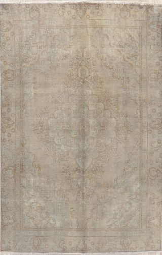 Antique Muted Distressed Oriental Area Rug Geometric Worn Over - Dyed Carpet 6x9