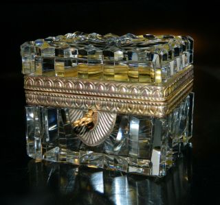 Antique Cut Crystal Jewelry Box Locking Bronze Dore Fittings With Key
