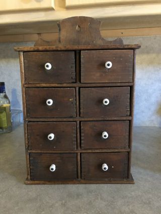 Antique Wood Spice Cabinet 8 Drawers Wall Mounted Vintage Kitchen Primitive