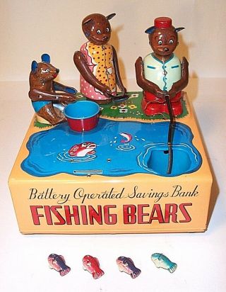 Rare 1950s Tin Fishing Bears Battery Operated Bank Coin Start Mechanism Japan