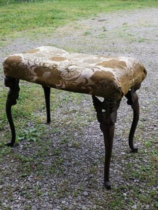 Antique Upholstered Benchk Metal Women Wings Legs Victorian Shabby Old