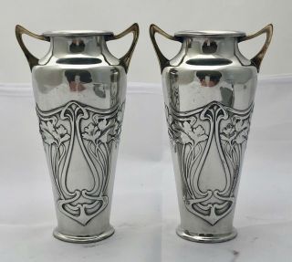 Exquisite Pair Wmf Art Nouveau Jugendstil Pewter Posy Vases
