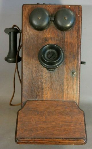 Antique Edwardian Era General Store Old Oak Ring Box Crank Style Wall Telephone