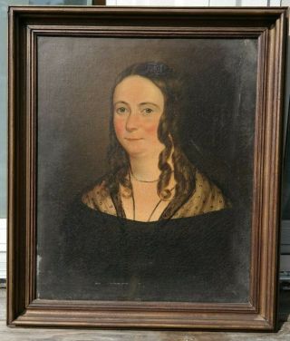 Ca.  1850 Antique 19thc Victorian Era Lady Portrait Ringlet Curls Old Oil Painting