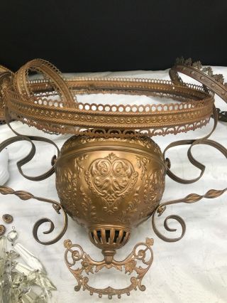 Antique Bradley & Hubbard Hanging Oil Lamp Ornate Brass B&H Font Handpainted 11