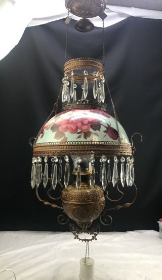 Antique Bradley & Hubbard Hanging Oil Lamp Ornate Brass B&h Font Handpainted