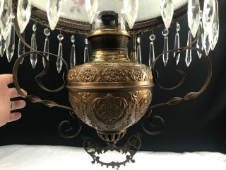 Antique Bradley & Hubbard Hanging Oil Lamp Ornate Brass B&H Font Handpainted 2