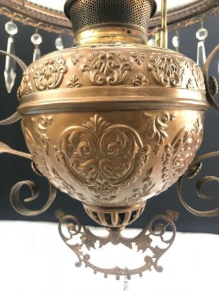 Antique Bradley & Hubbard Hanging Oil Lamp Ornate Brass B&H Font Handpainted 3