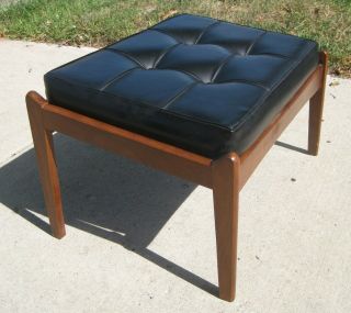 Vintage Mid Century Modern Foot Stool Ottoman Black Vinyl Wood Slanted Danish