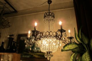 Antique Vintage French 6 Arms Crystal Chandelier Lamp Light Luster 1940 