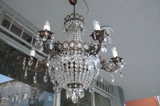 ANTIQUE Vintage French 6 Arms Crystal Chandelier Lamp Light Luster 1940 ' s 30 in. 2