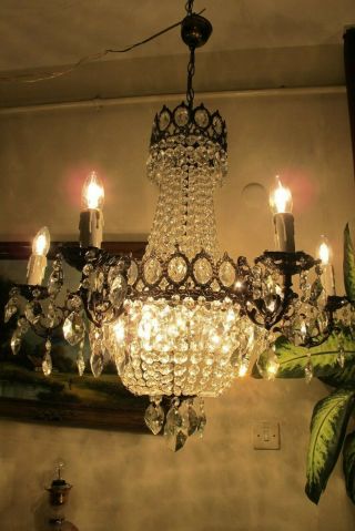 ANTIQUE Vintage French 6 Arms Crystal Chandelier Lamp Light Luster 1940 ' s 30 in. 3