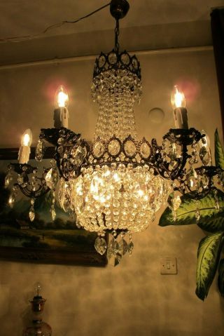 ANTIQUE Vintage French 6 Arms Crystal Chandelier Lamp Light Luster 1940 ' s 30 in. 4