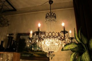 ANTIQUE Vintage French 6 Arms Crystal Chandelier Lamp Light Luster 1940 ' s 30 in. 5