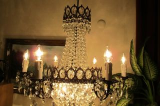 ANTIQUE Vintage French 6 Arms Crystal Chandelier Lamp Light Luster 1940 ' s 30 in. 6