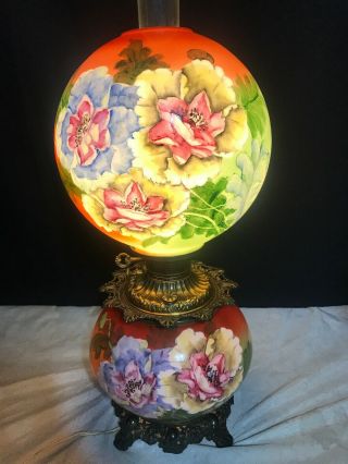 Antique Banquet GWTW Gone with the Wind Oil Lamp Hand Painted Floral Signed 26” 10